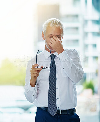 Buy stock photo Ceo, stress and businessman with headache in office from anxiety of company stocks in economy. Burnout, fatigue and mature investor frustrated with migraine from finance, crisis or mistake on project