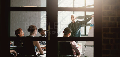 Buy stock photo College, workshop and professor in classroom with group of phd students planning in meeting. University, training and lecture from mature man at whiteboard with solution, ideas and teaching people