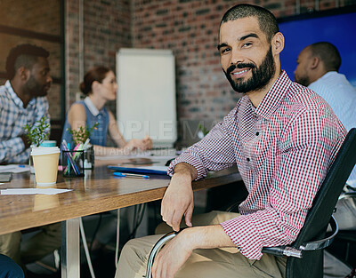 Buy stock photo Businessman, meeting and portrait by desk in boardroom or office, company with collaboration or review. Male accountant, workplace and table with colleagues for teamwork on pitch, job with finance