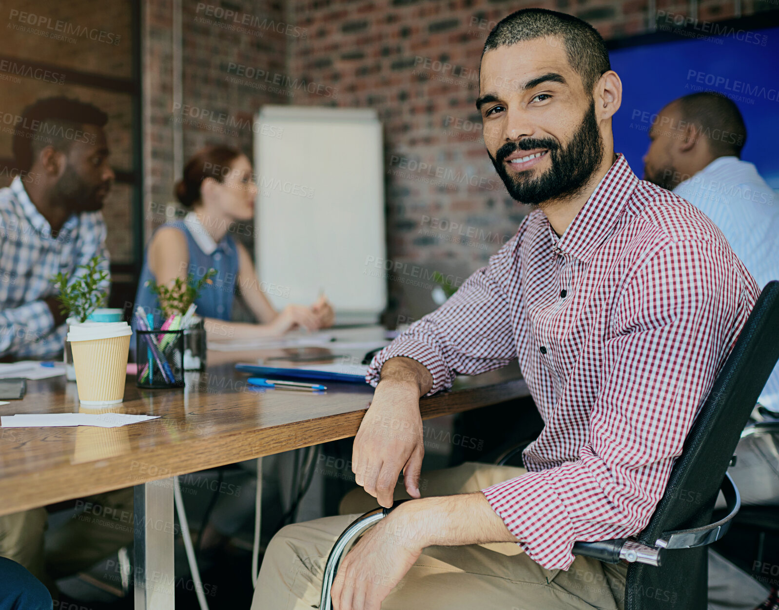 Buy stock photo Businessman, meeting and portrait by desk in boardroom or office, company with collaboration or review. Male accountant, workplace and table with colleagues for teamwork on pitch, job with finance