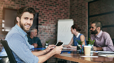 Buy stock photo Portrait, smile and businessman with phone in meeting for creative business plan, tech or networking. Happy, face and confident man in conference room with smartphone, mobile app and design in office