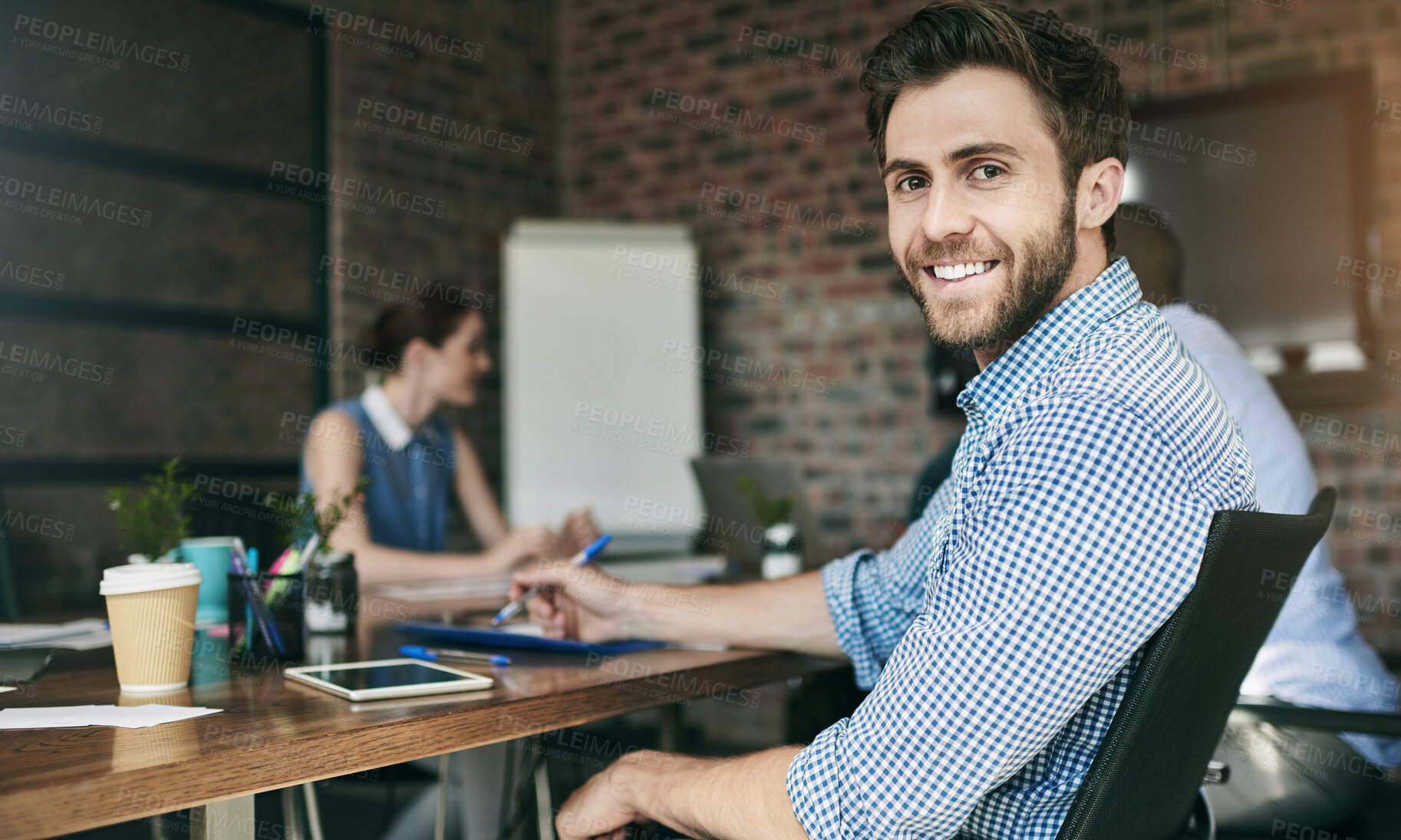 Buy stock photo Happy, businessman and team meeting with company for portrait and collaboration on budget review. Corporate people, executive assistant and tablet for notes from seminar about financial plan