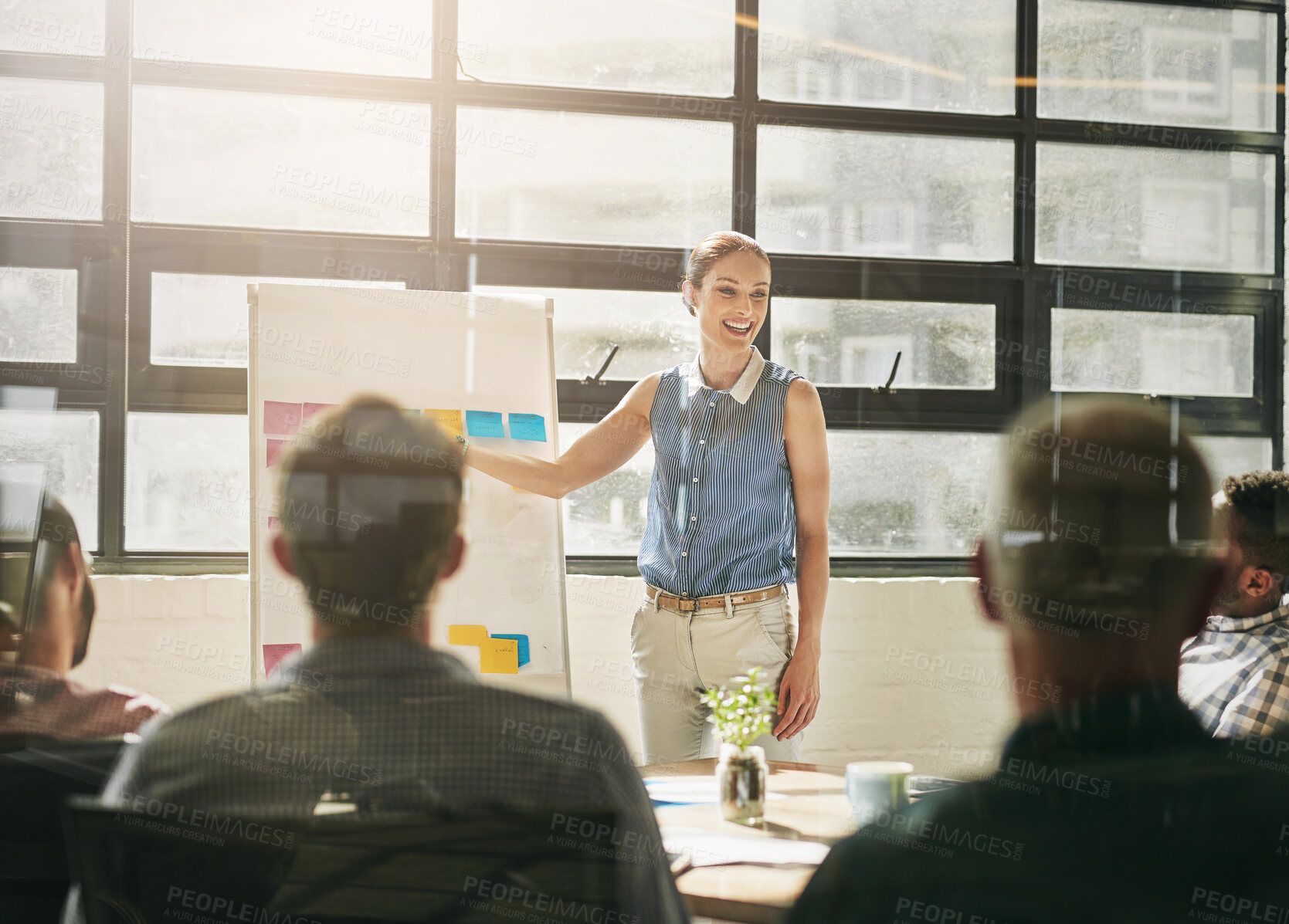 Buy stock photo Businesswoman, presentation and meeting with whiteboard, discussion and planning for workshop. Woman, training and collaboration for teamwork, brainstorming and goals for creative business research