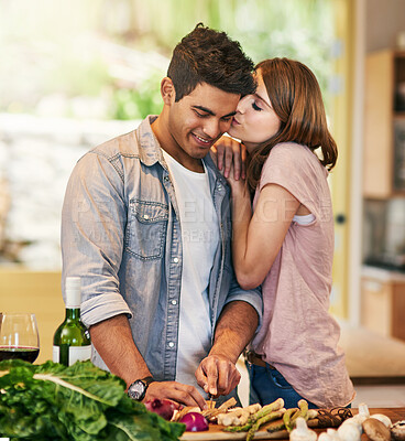 Buy stock photo Kitchen, cooking and couple with kiss, love and romance with marriage, healthy meal and care. Home, food and man with woman, ingredients or relationship with dinner, delicious and wellness with trust