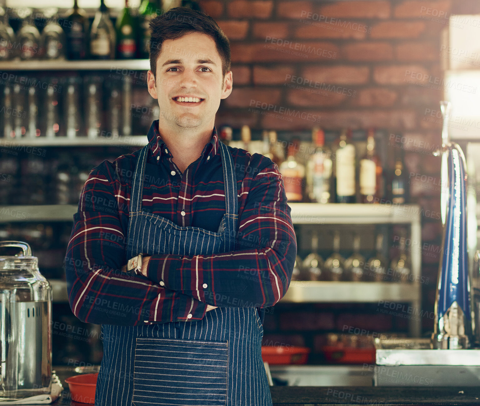 Buy stock photo Man, portrait and smile with confidence, restaurant and small business startup for pizzeria. Chef, entrepreneur and arms crossed for bistro, food and service industry owner in New York cafe in apron