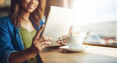 Buy stock photo Woman, tablet and research with coffee shop, technology and online article for news. Journalist, internet and website for web knowledge, cafe and remote freelance work or break for social media