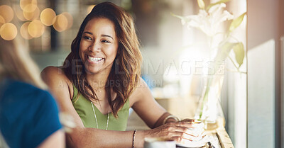 Buy stock photo Smile, face and women in cafe together for social meeting, relax and fun communication at table. Chat, weekend conversation and girl friends in coffee shop with laughing, drink and happy connection.