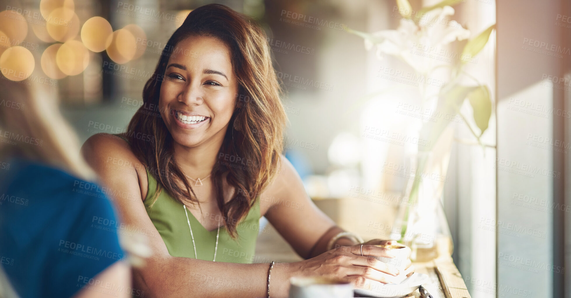 Buy stock photo Smile, face and women in cafe together for social meeting, relax and fun communication at table. Chat, weekend conversation and girl friends in coffee shop with laughing, drink and happy connection.