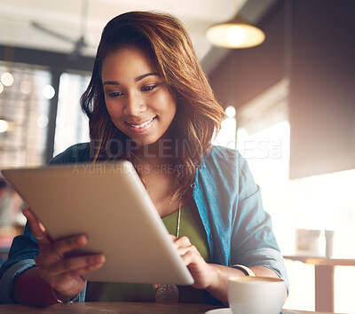 Buy stock photo Cafe, business and woman with tablet, typing and connection with internet, coffee and network. Person, copywriting and girl in restaurant, tech or digital app with social media and email notification