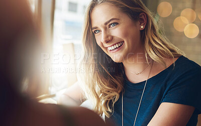 Buy stock photo Smile, face and women in coffee shop together for social meeting, business planning or networking. Remote work, partnership and girl friends in cafe with conversation, happiness and connection.