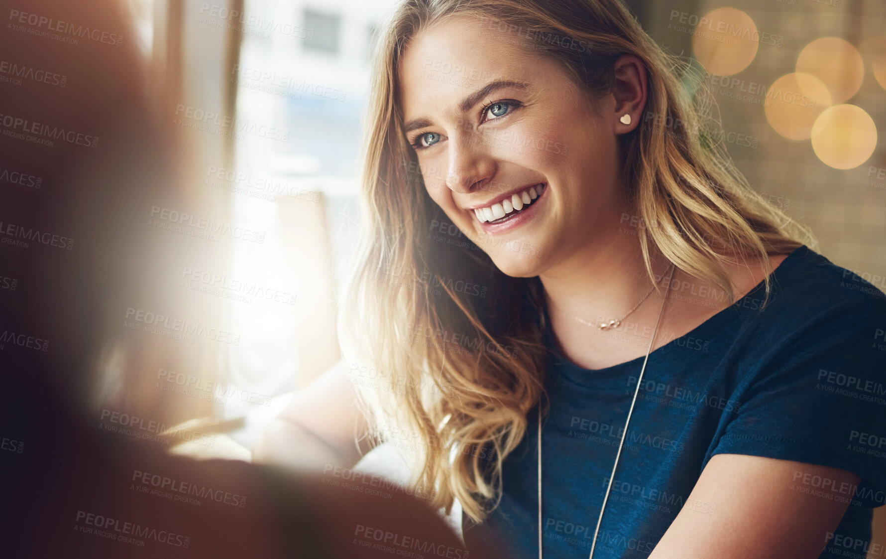 Buy stock photo Smile, face and women in coffee shop together for social meeting, business planning or networking. Remote work, partnership and girl friends in cafe with conversation, happiness and connection.