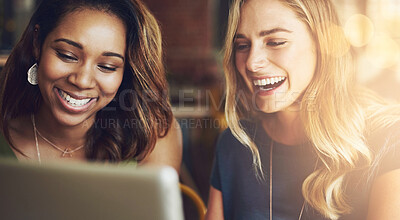 Buy stock photo Smile, tablet and women in cafe together checking social media, online business plan or networking. Remote work, partnership and friends in coffee shop with digital app, laugh and internet connection