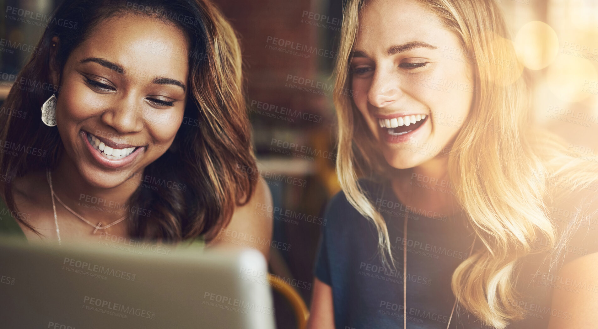 Buy stock photo Smile, tablet and women in cafe together checking social media, online business plan or networking. Remote work, partnership and friends in coffee shop with digital app, laugh and internet connection