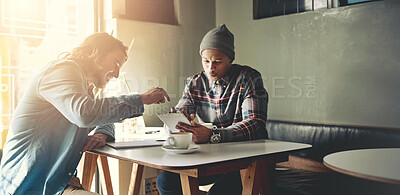 Buy stock photo Tablet, search or friends at cafe for food choice, scroll or menu discussion for online order. Restaurant, service or men on digital app for coffee shop feedback, review or customer experience survey