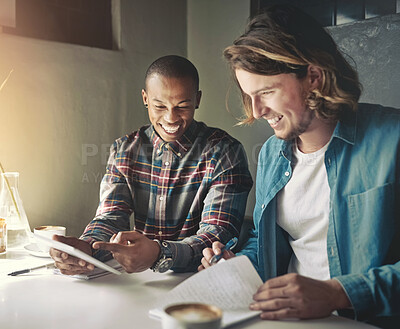 Buy stock photo Workers, tablet and book for planning in cafe, teamwork and remote work for startup company. People, collaboration and journalism in coffee shop, speaking and support on research for online article