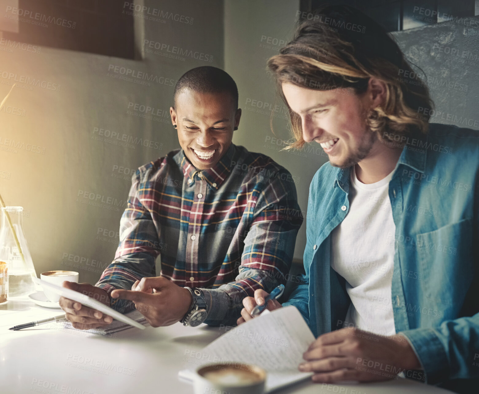 Buy stock photo Workers, tablet and book for planning in cafe, teamwork and remote work for startup company. People, collaboration and journalism in coffee shop, speaking and support on research for online article