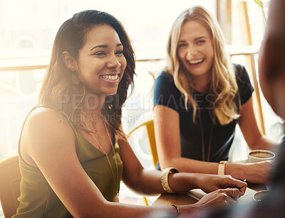 Buy stock photo Laughing, talking or women in coffee shop for support, funny conversation or gossip news together. Happy, diversity or friends speaking of drinking espresso or tea in discussion or chat in cafe diner