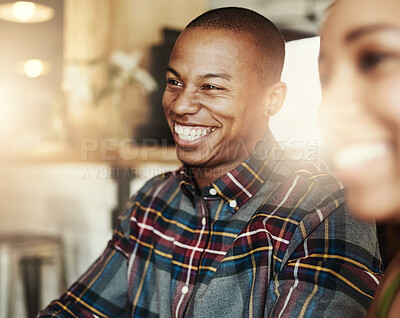 Buy stock photo Smile, man and friends in coffee shop for talking, conversation or social gathering together in restaurant. Happy people, communication and relax in cafe for chat, news or gossip story of students