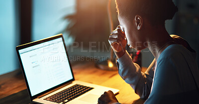 Buy stock photo Frustrated black woman, laptop and night with headache for stress, anxiety or deadline at office. African, female person or employee working late with migraine in depression on computer at workplace