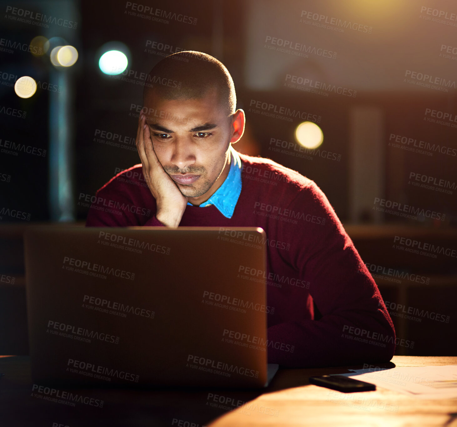Buy stock photo Night, worry or businessman thinking in office on laptop waiting for results, review or proposal, feedback or outcome. Deadline, pc or entrepreneur working late on project solution or problem solving
