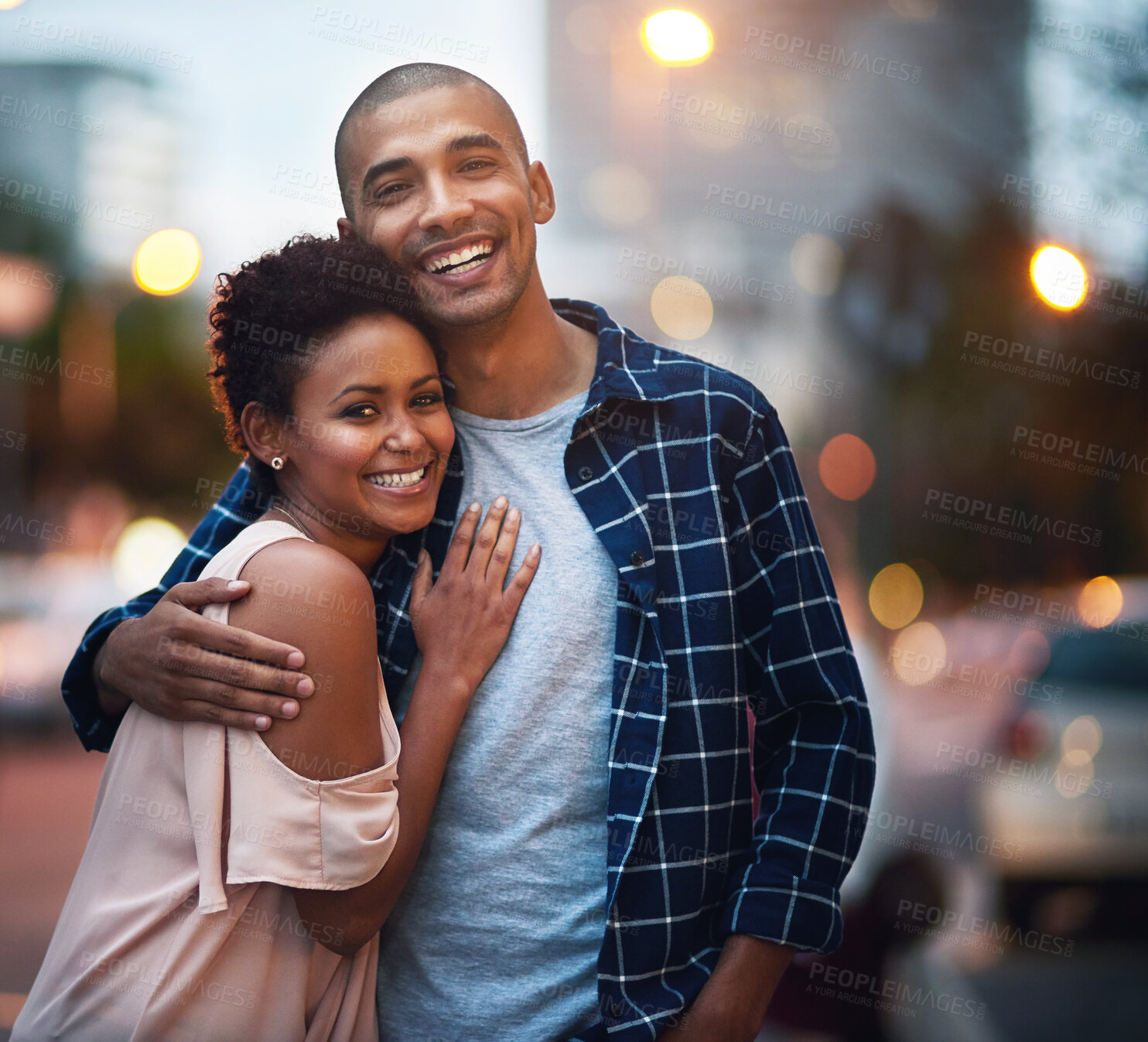 Buy stock photo Happy couple, portrait and hug for city travel at night or downtown date for relationship, bokeh or evening. Man, woman and embrace in New York for holiday adventure or sightseeing, love or marriage