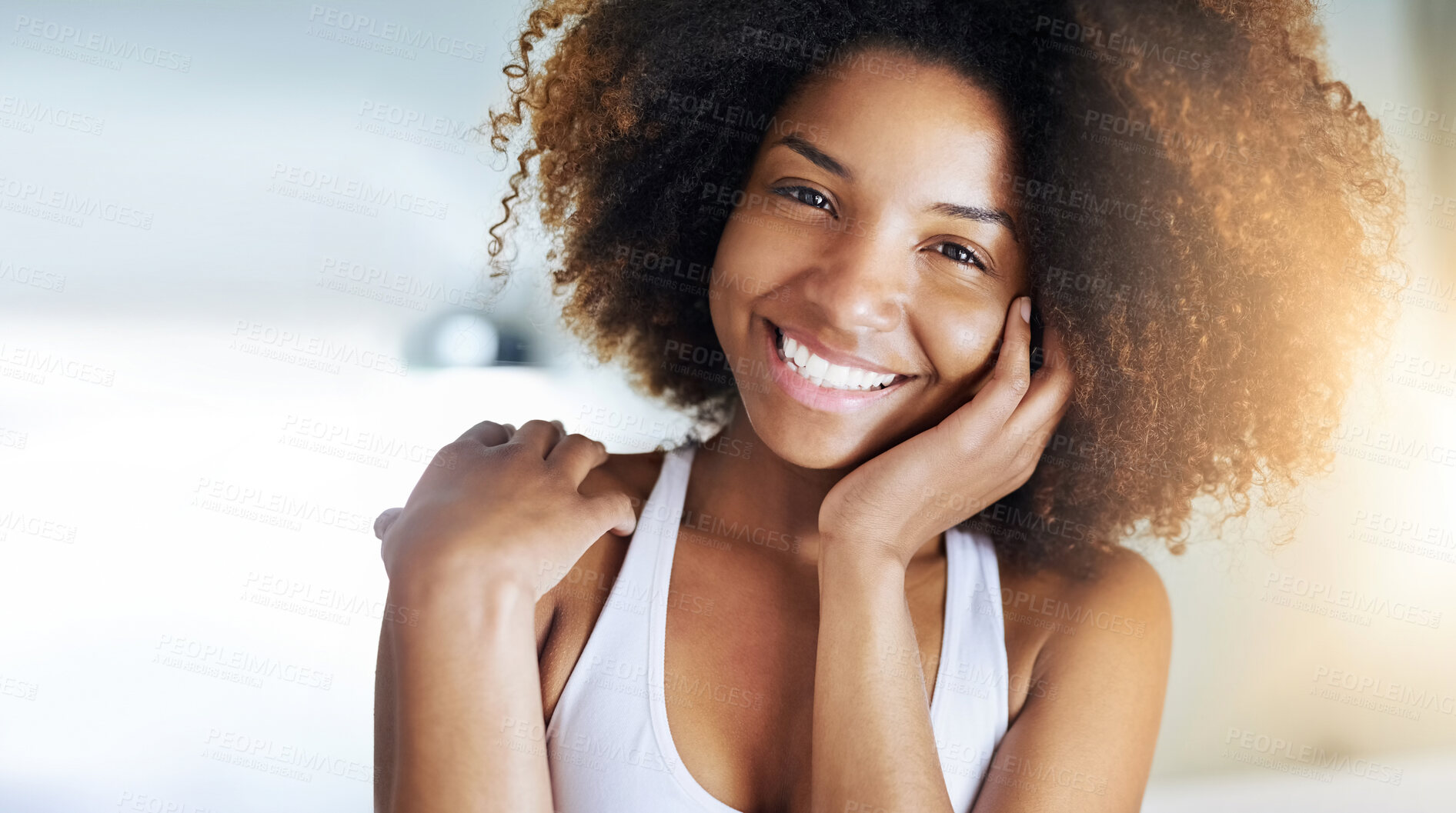 Buy stock photo Black woman, portrait and natural skincare in home for morning routine, dermatology or happiness. Female person, face and afro in apartment for healthy facial or cosmetic treatment, health or touch