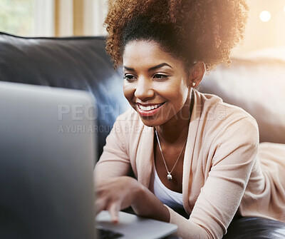 Buy stock photo Woman, laptop and smile on home sofa or online streaming for movie subscription in living room, banking or shopping. Female person, technology and website search or internet research, film or digital