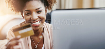 Buy stock photo Online shopping, laptop and black woman with credit card on sofa for payment, banking or home budget. Ecommerce, relax and happy girl on couch for fintech, web sale and financial freedom in apartment