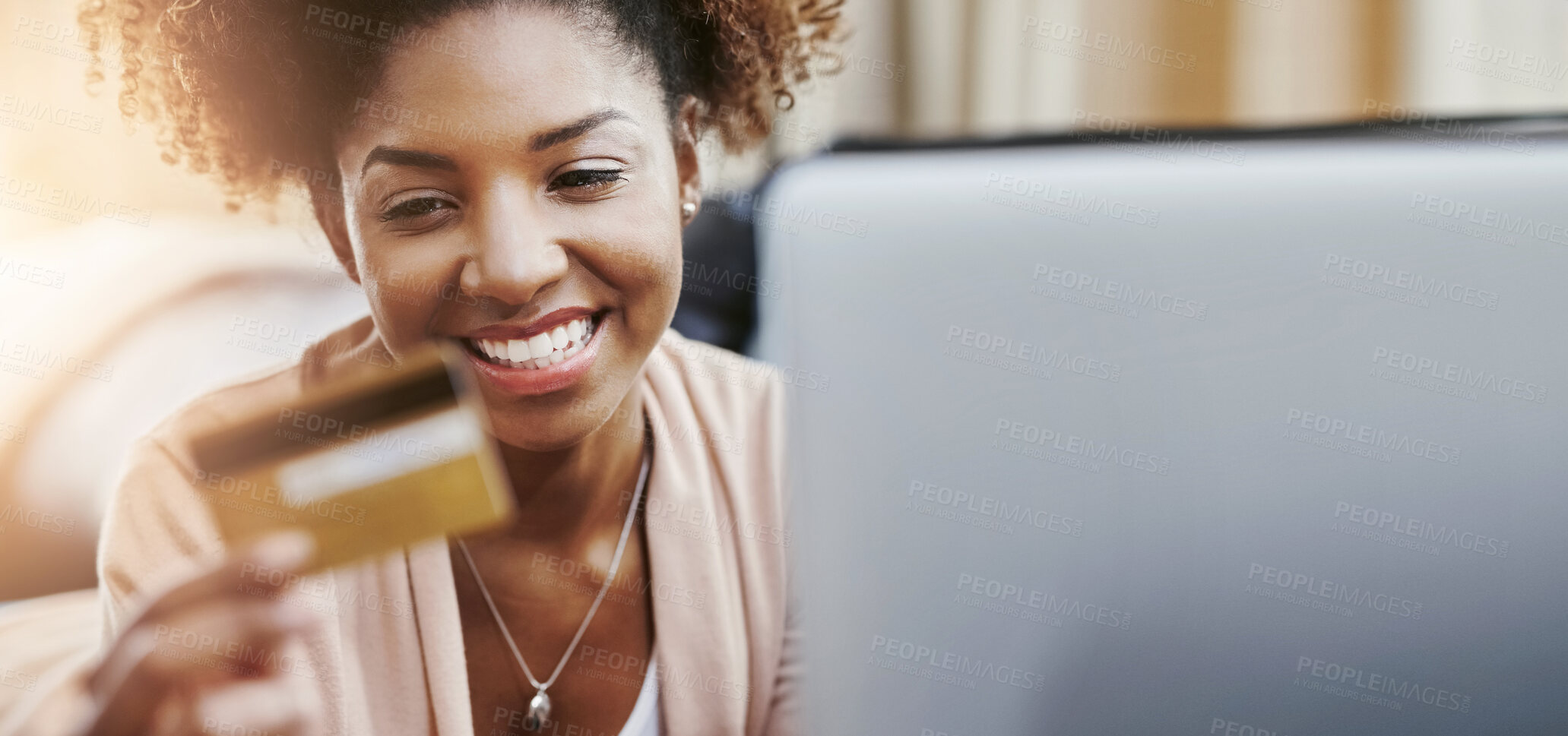 Buy stock photo Online shopping, laptop and black woman with credit card on sofa for payment, banking or home budget. Ecommerce, relax and happy girl on couch for fintech, web sale and financial freedom in apartment