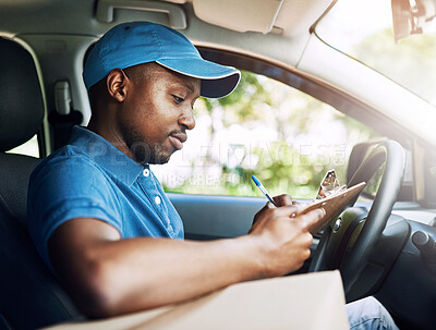 Buy stock photo Delivery man, car and courier transport with clipboard for transportation service, shipping or distribution. Male person, vehicle and pen for online shopping order or logistics worker, parcel or mail