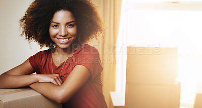 Buy stock photo Portrait, new home and black woman with boxes, lens flare and property with happiness, relax and achievement. African person, face or girl with cardboard, sunshine or personal goals with joy or smile