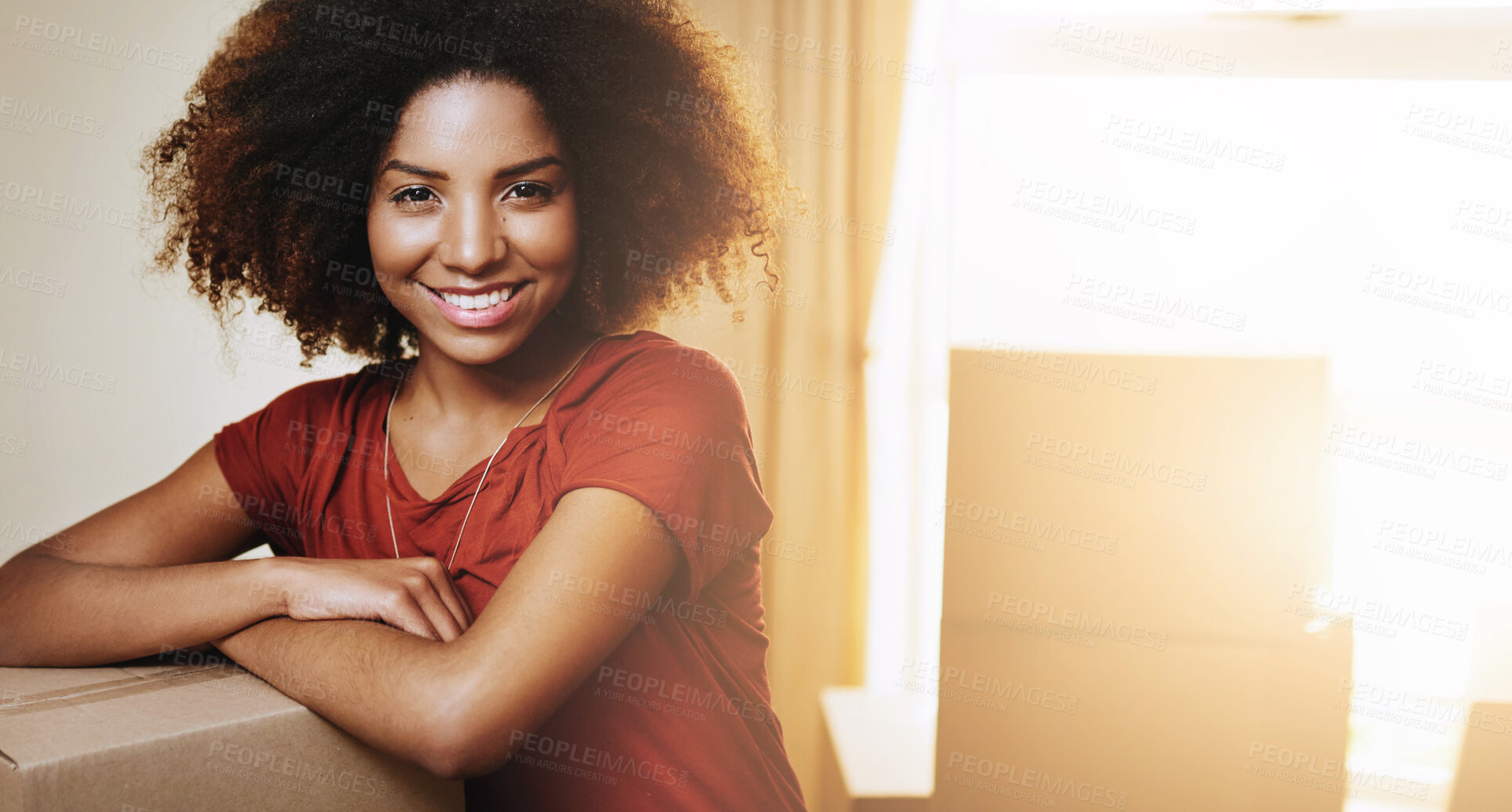 Buy stock photo Portrait, new home and black woman with boxes, lens flare and property with happiness, relax and achievement. African person, face or girl with cardboard, sunshine or personal goals with joy or smile