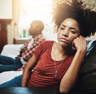 Buy stock photo Home, stress and black couple with conflict, marriage trouble and divorce with disagreement. Apartment, lens flare and man with woman, angry and frustrated with argument, bad communication and fight