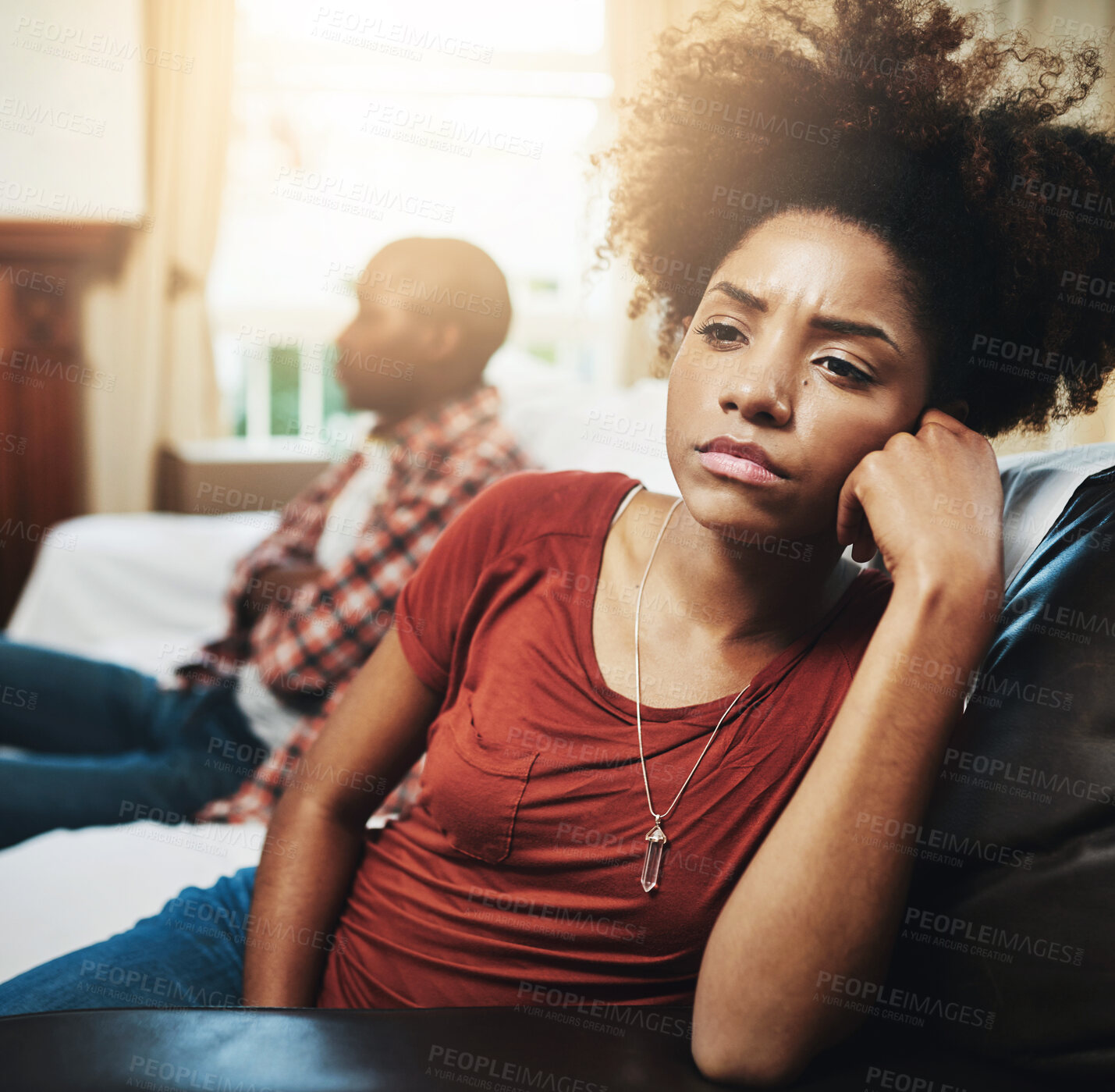 Buy stock photo Home, stress and black couple with conflict, marriage trouble and divorce with disagreement. Apartment, lens flare and man with woman, angry and frustrated with argument, bad communication and fight