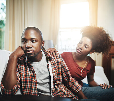 Buy stock photo Home, fight and black couple with conflict, marriage problems and issue with disagreement. Apartment, lens flare and man with woman, ignore and stress with argument, bad communication and divorce