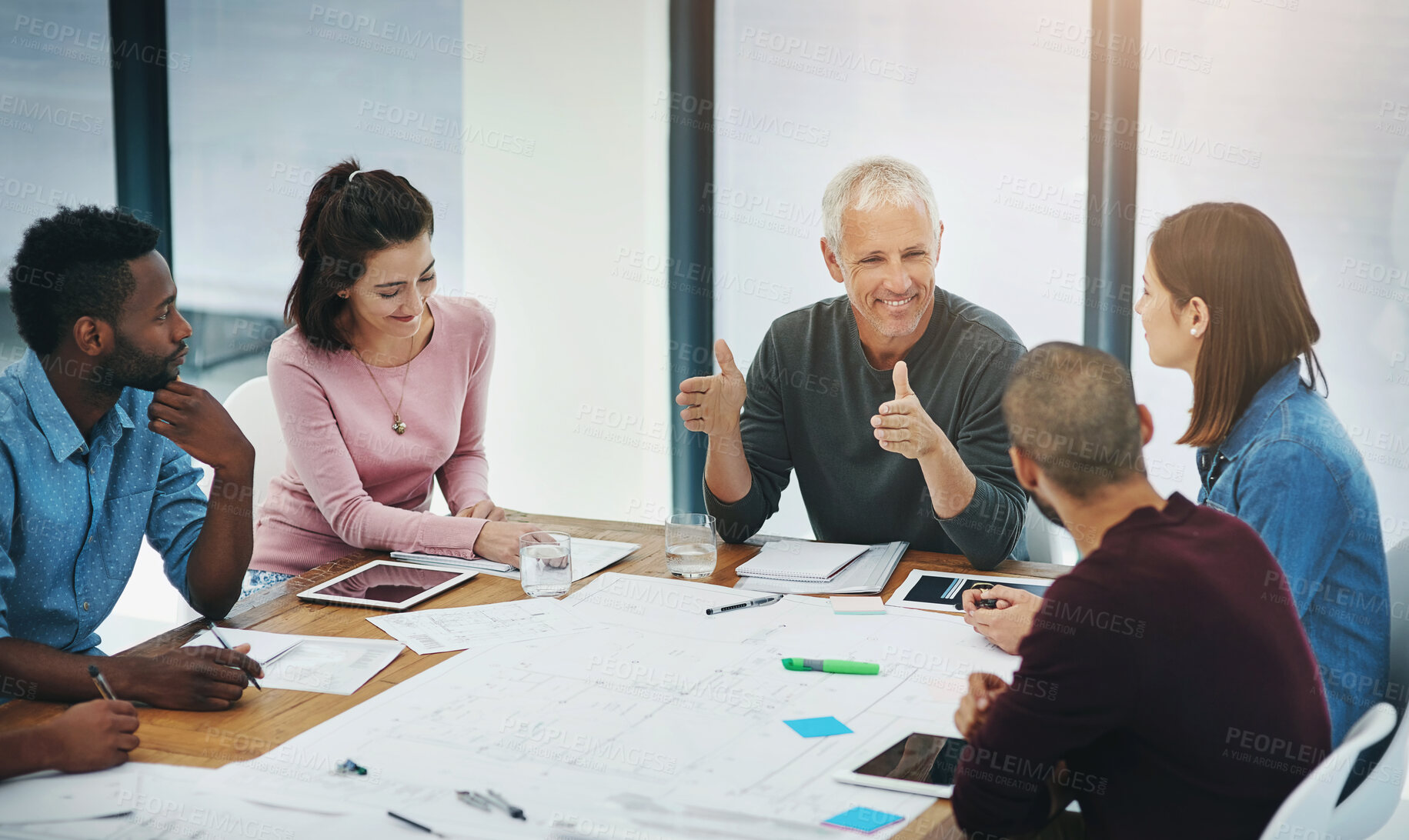 Buy stock photo Business people, architect and planning in meeting with blueprint for building design, brainstorming or discussion. Architecture, employee or collaboration with floor plan in boardroom with diversity