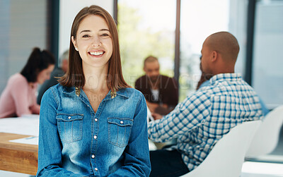 Buy stock photo Meeting, portrait and woman with business people in office for teamwork, collaboration and planning. Coaching, training and happy intern at startup company for learning, opportunity or career growth