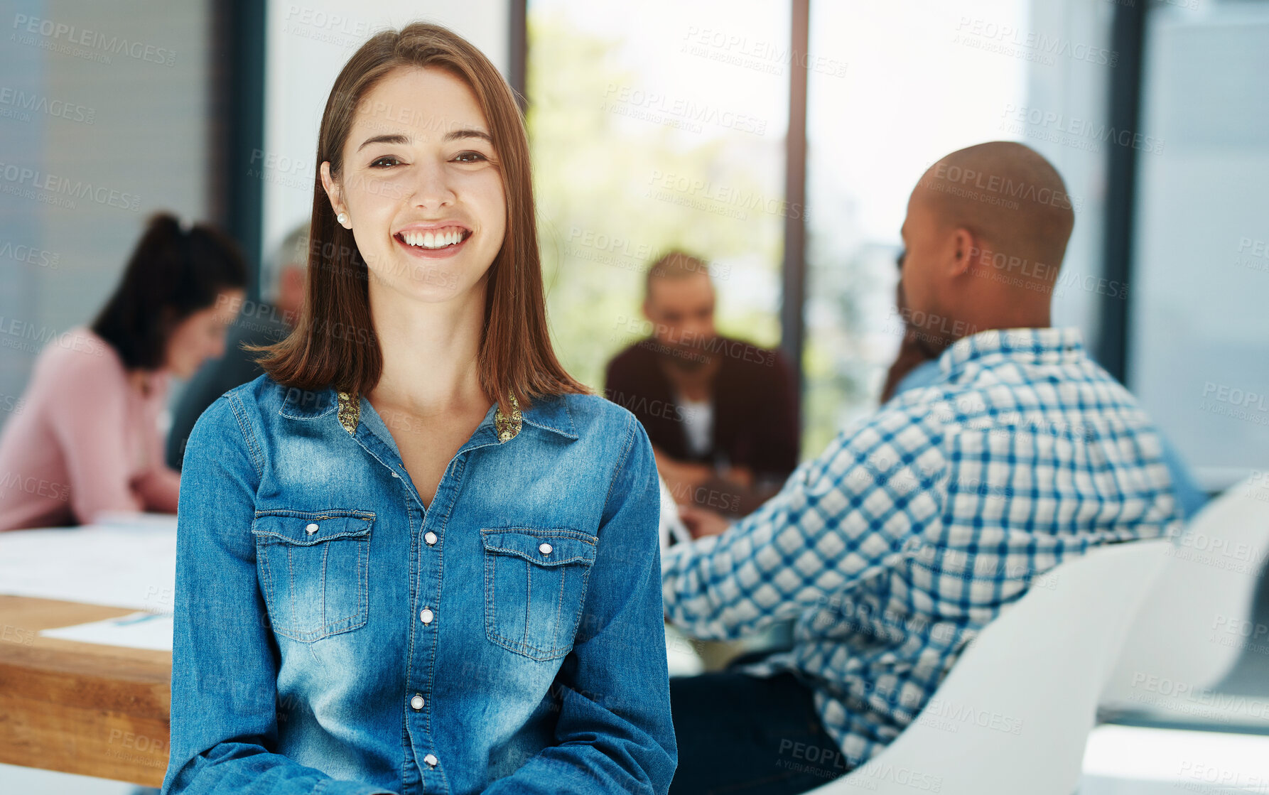 Buy stock photo Meeting, portrait and woman with business people in office for teamwork, collaboration and planning. Coaching, training and happy intern at startup company for learning, opportunity or career growth