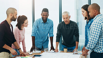 Buy stock photo Discussion, architect and group in meeting, office and teamwork with floor plan, creative and talking. Collaboration, document and process for design, people and blueprint for property and project