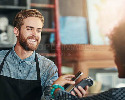 Buy stock photo Barista, smartphone and coffee shop with payment, machine and transaction with purchase, economy and friendly. Cafe, employee and customer with cellphone, financial app and paying bills with service