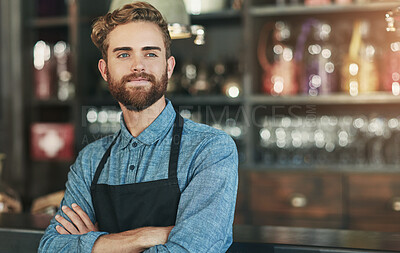 Buy stock photo Barista, man and arms crossed in coffee shop for thinking, vision or ideas for small business, growth and future. Waiter, server and person in cafeteria with reflection, insight and catering services