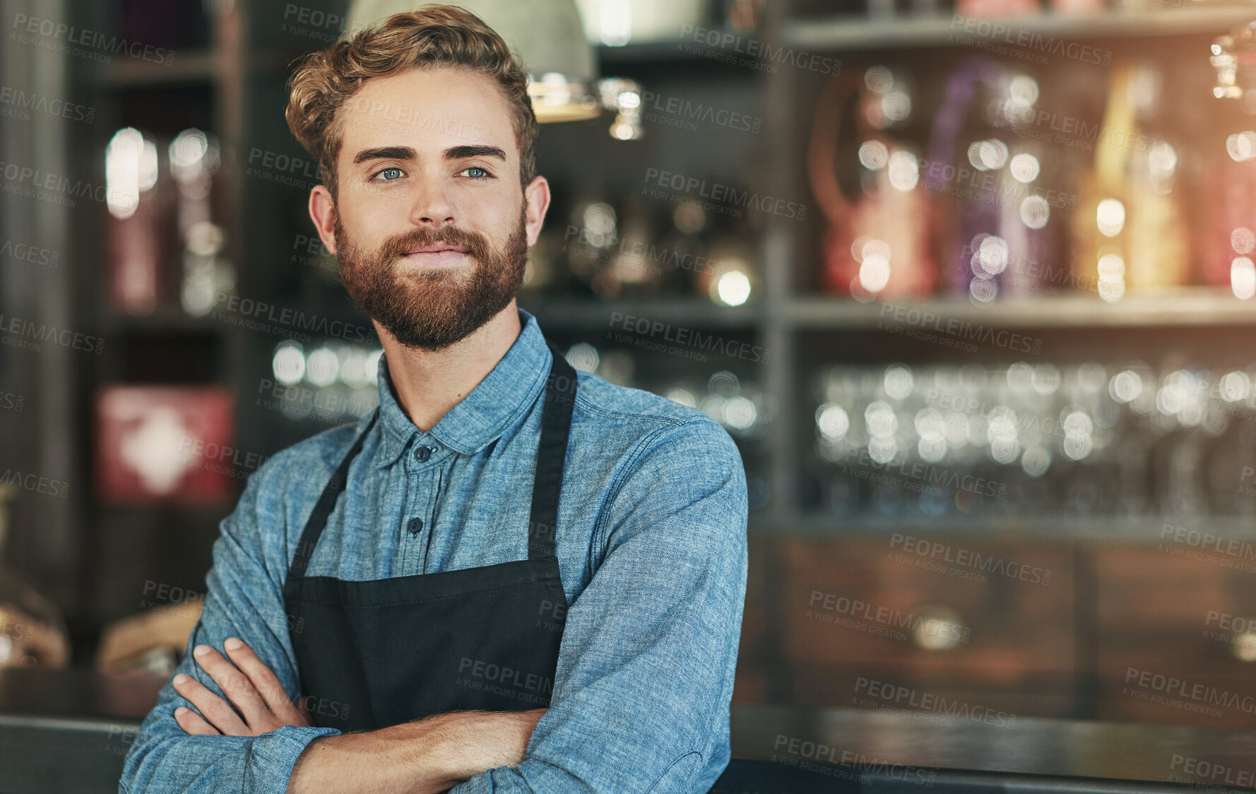 Buy stock photo Barista, man and arms crossed in coffee shop for thinking, vision or ideas for small business, growth and future. Waiter, server and person in cafeteria with reflection, insight and catering services