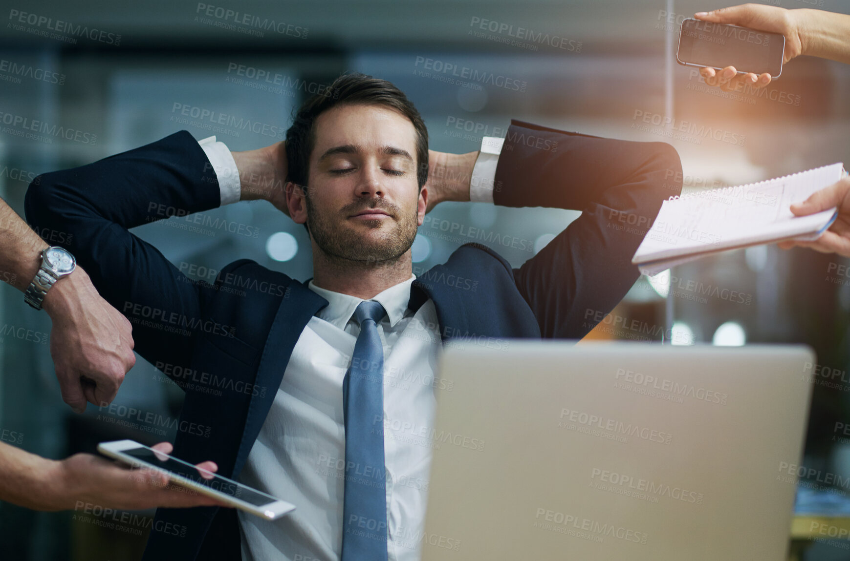Buy stock photo Businessman, calm and relax with chaos in office with multitasking workflow and peaceful with deadline. Professional, person and time management with schedule, agenda and productivity in workplace
