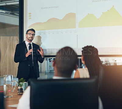 Buy stock photo Businessman, presentation and team with graphs on projector, stats or forecast trends for future performance. Group, meeting and manager in conference room for training, finance or progress metrics