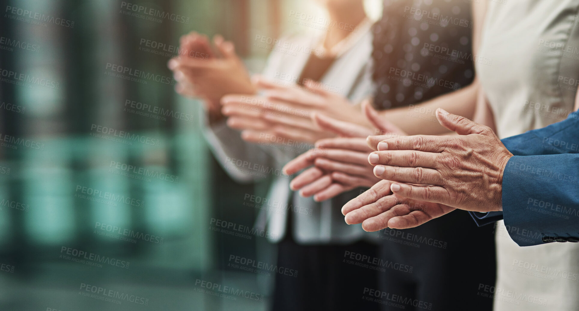 Buy stock photo Teamwork, applause and hands of business people in meeting for good news, success and achievement. Corporate, audience and men and women clapping for celebration, winning and collaboration in office