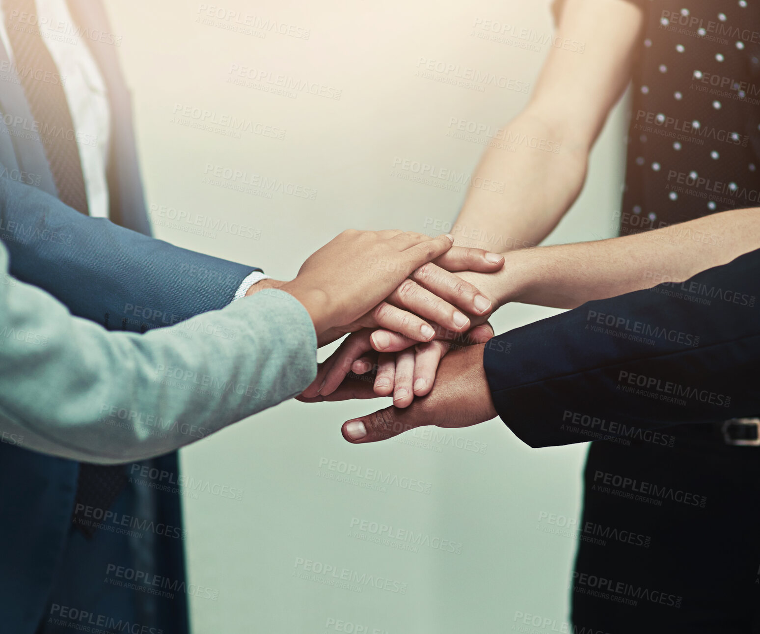 Buy stock photo Hands together, business and people with support, teamwork and collaboration in an office. Working, solidarity and professional staff with celebration of work cooperation with victory of group