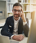 Glasses, office and portrait of business man with computer for working online, research and website. Investment banker, professional and person at desk for career, financial consulting and job