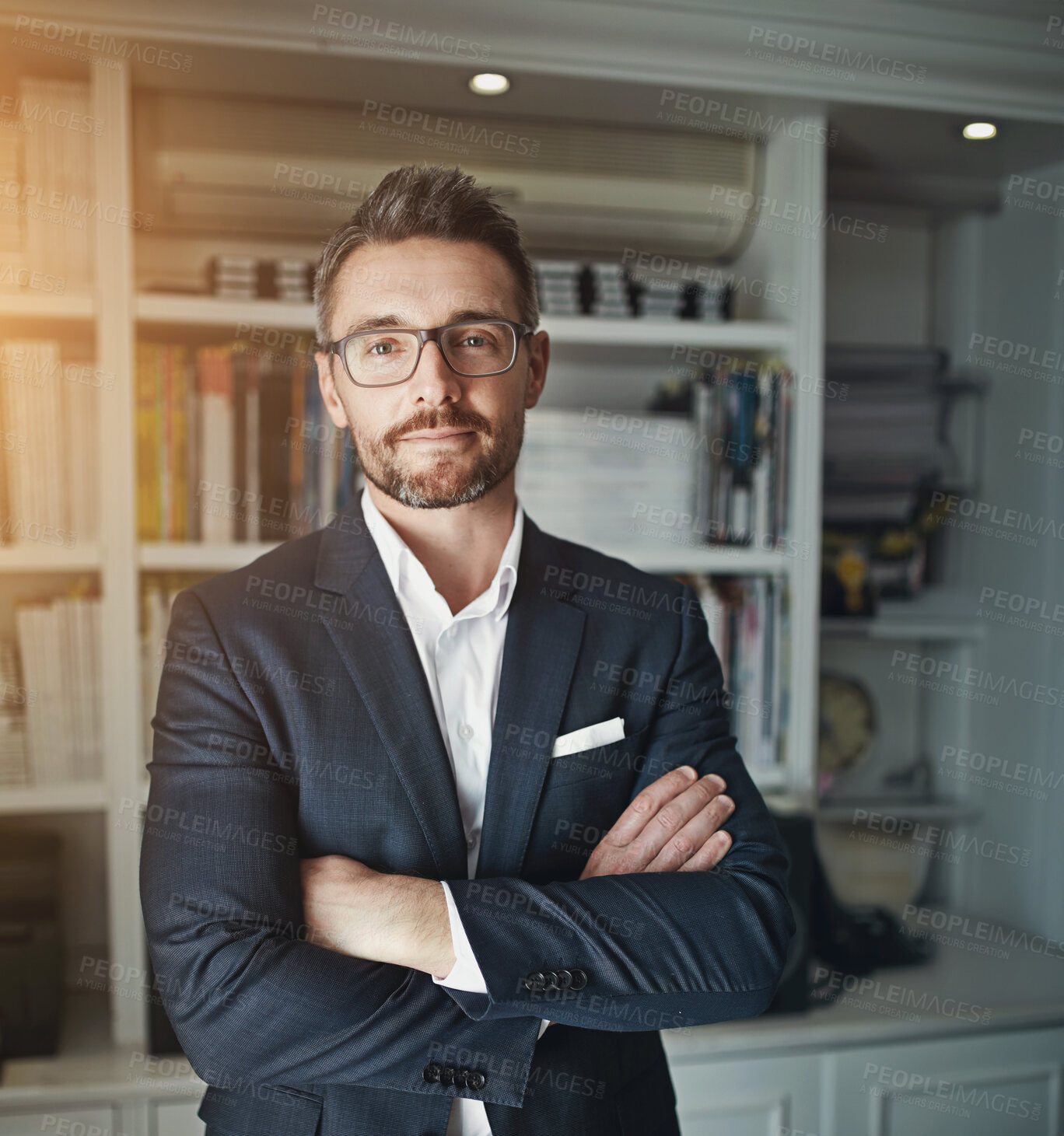 Buy stock photo Man, arms crossed and portrait of advocate in office for confidence, ambition and legal job. Smile, mature professional and businessman with pride in law firm for corporate, company or career at work