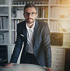 Portrait, glasses and businessman in office with confidence, ambition and positive employee. Law firm, startup and face of male attorney with career goal, empowerment and pride for consulting service