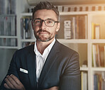 Lawyer, arms crossed and portrait of man in office for confidence, ambition and legal career. Smile, professional and mature businessman with pride at law firm for corporate, company and job at work